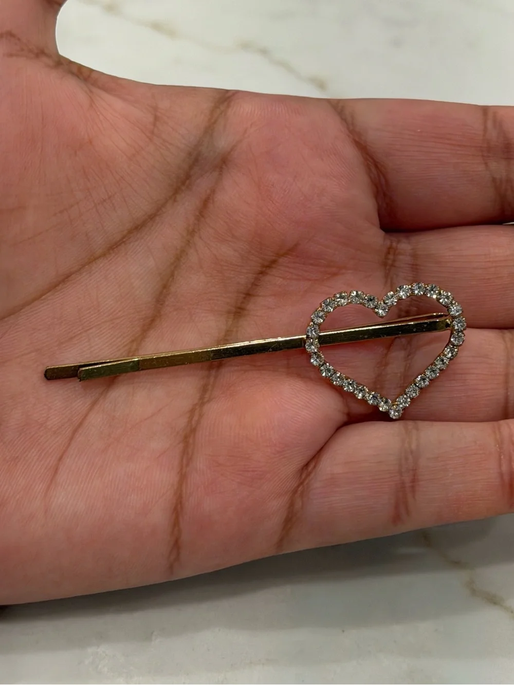 Dainty Rhinestone Heart Bobby Pin Gold Tone Thin Hair Clip